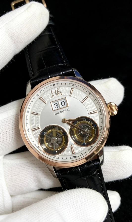 Double Tourbillon Watch
18K Gold Bezel
Genuine Leather Strap
43mm Case Size